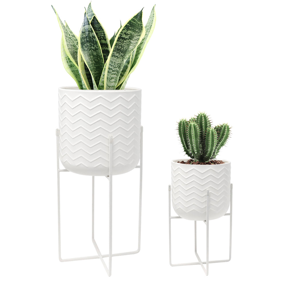 Set of 2 Planters With Stand 17&12 " Tall Flower Pots (Bright White)