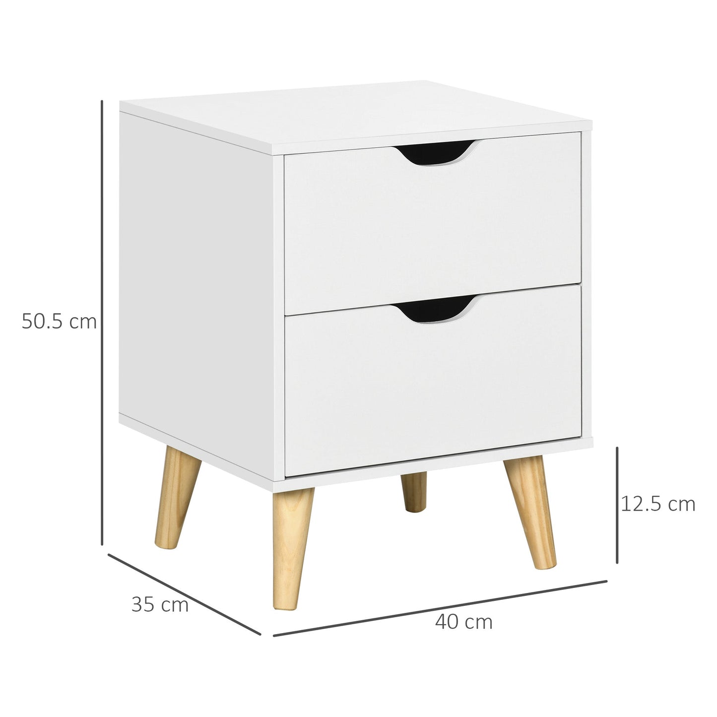 Bedside Table, Bedside Cabinet with 2 Drawers, Side End Table with Pine Wood Legs for Bedroom Living Room, White