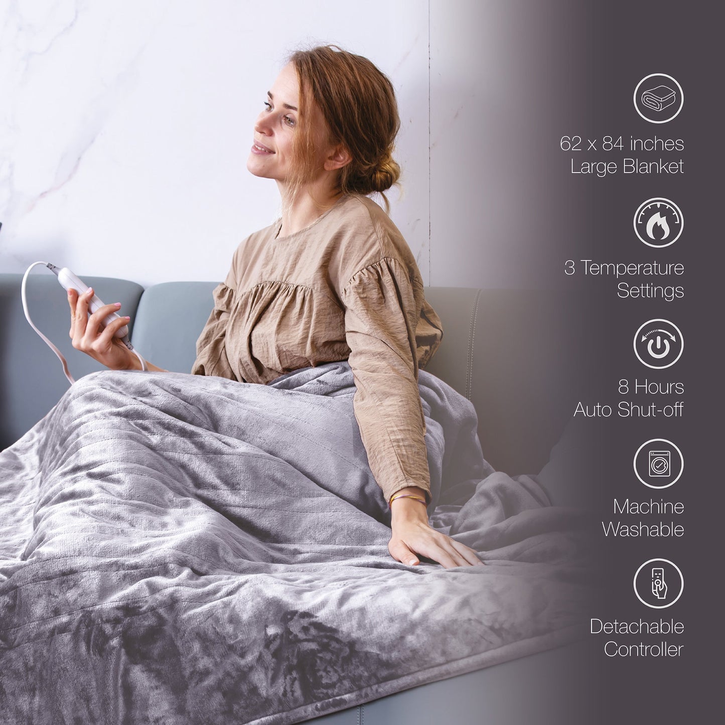 Electric Soft Microplush Heated Blanket Throw – 62x84 Inches, Fast Heating with 3 Temperature Settings