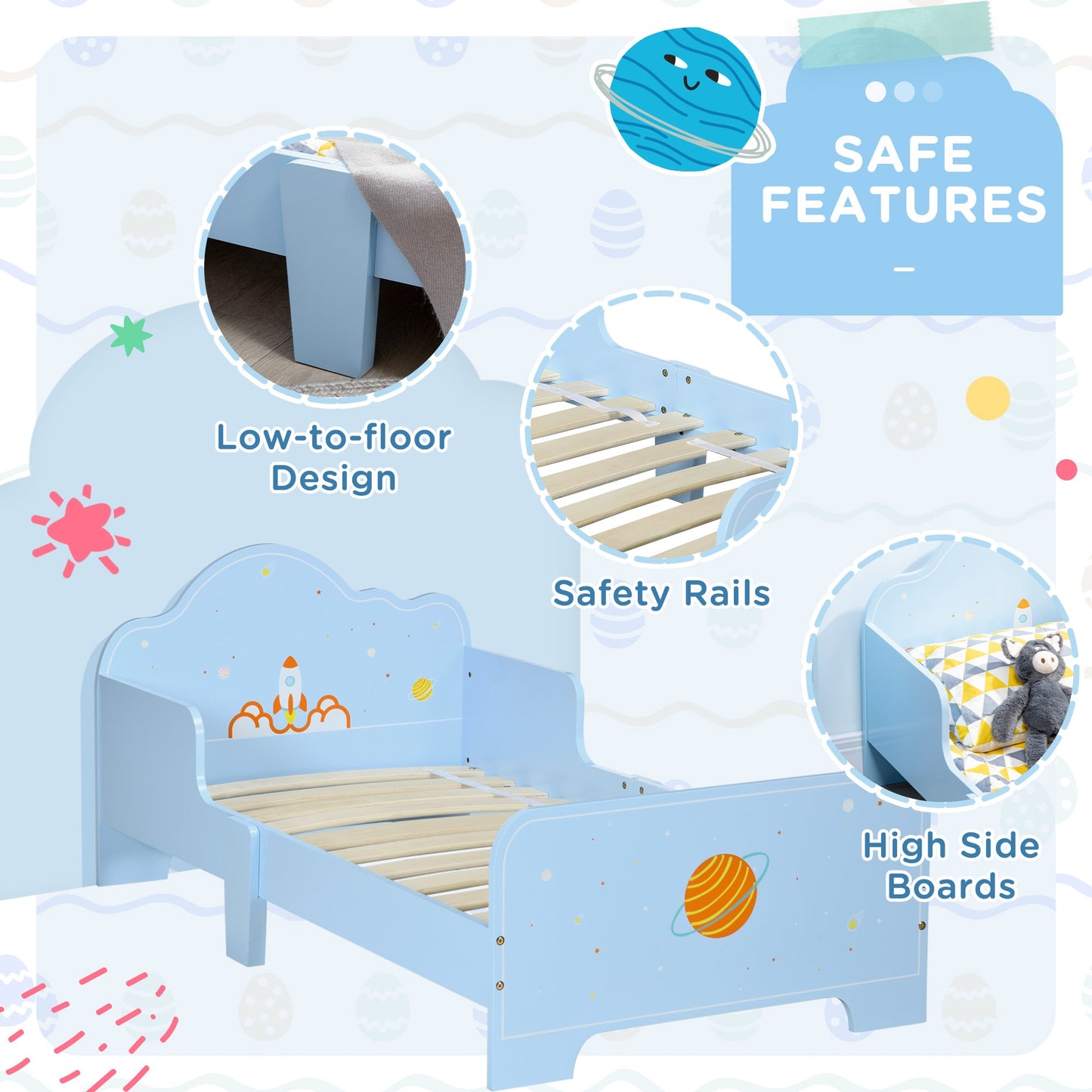 Toddler Bed with Safety Side Rails and Rocket Patterns - Blue