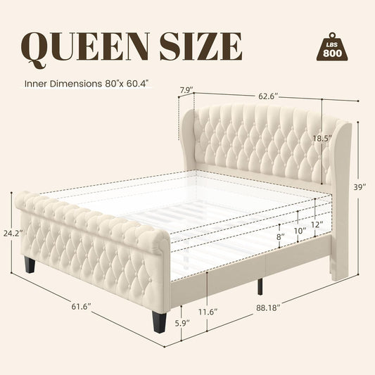 Queen Velvet Sleigh Bed With Wingback Headboard White