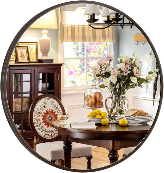 24 Inch Matte Black Round Wall Mirror For Bathroom Vanity And Living Room Decor