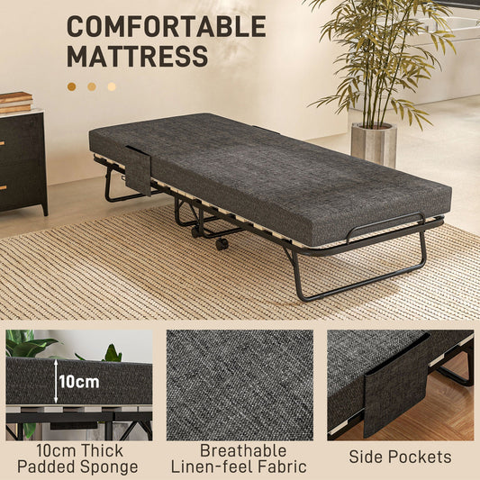 Folding Guest Bed with 10cm Mattress and Side Pockets - Dark Grey