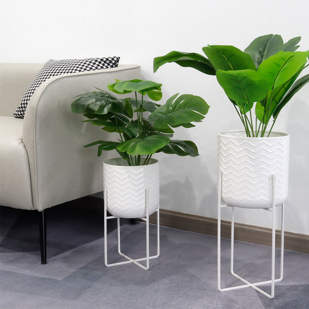 Set of 2 Planters With Stand 17&12 " Tall Flower Pots (Bright White)