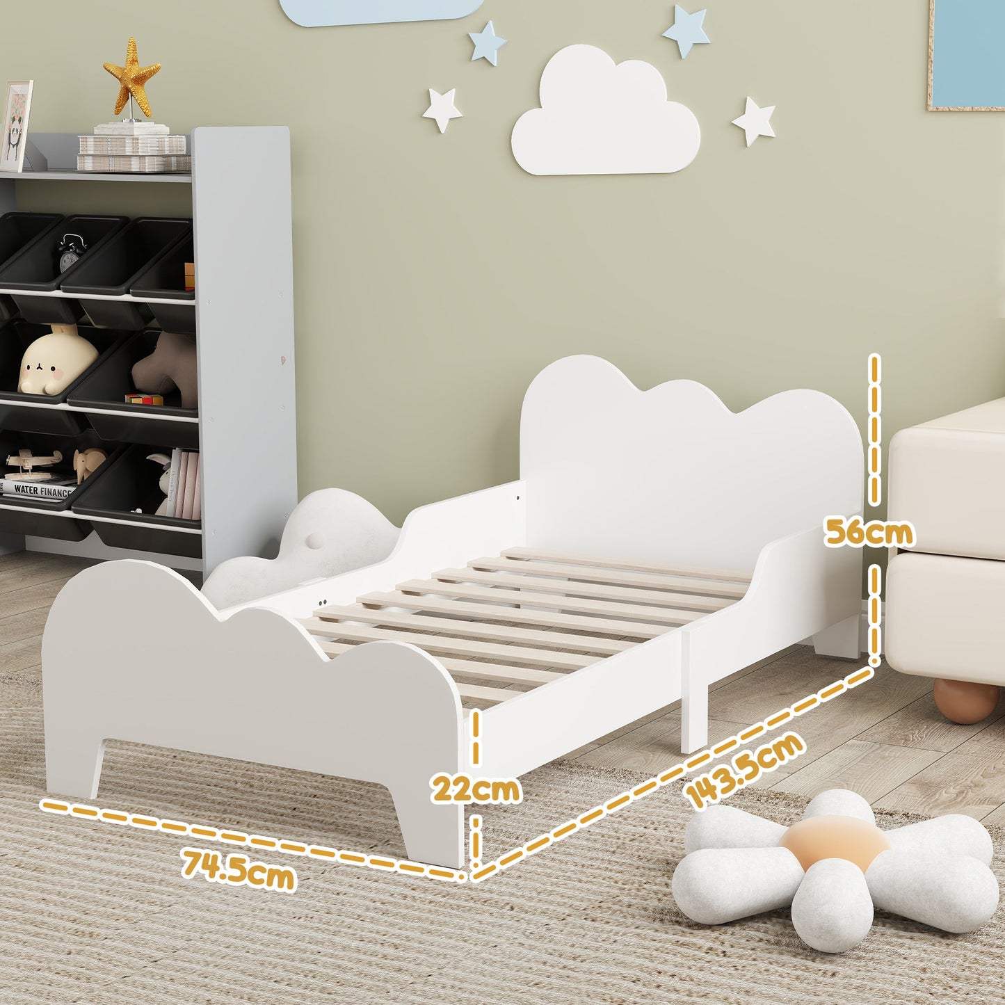 Cloud-Themed Toddler Bed Frame with Safety Rails, 143.5 x 74.5 x 56cm
