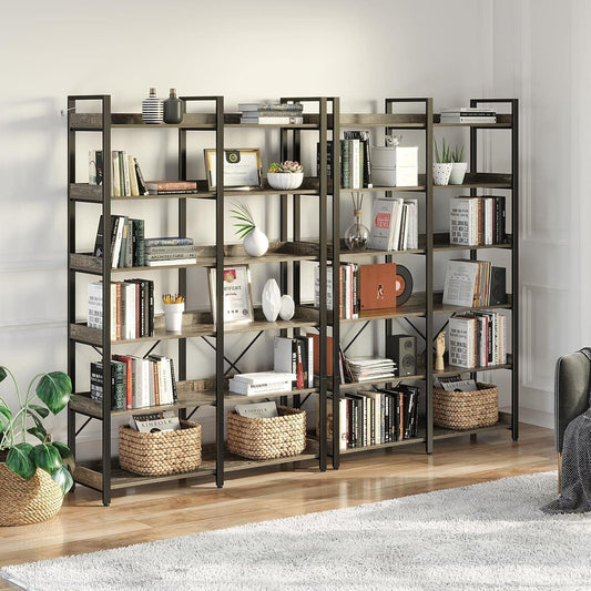 67 Inch Gray Industrial 6 Shelf Bookcase With Hooks