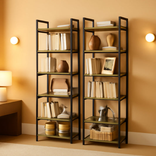 67 Inch Gray Industrial 6 Shelf Bookcase With Hooks