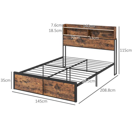 Industrial Double Bed Frame with Storage Headboard - Rustic Brown