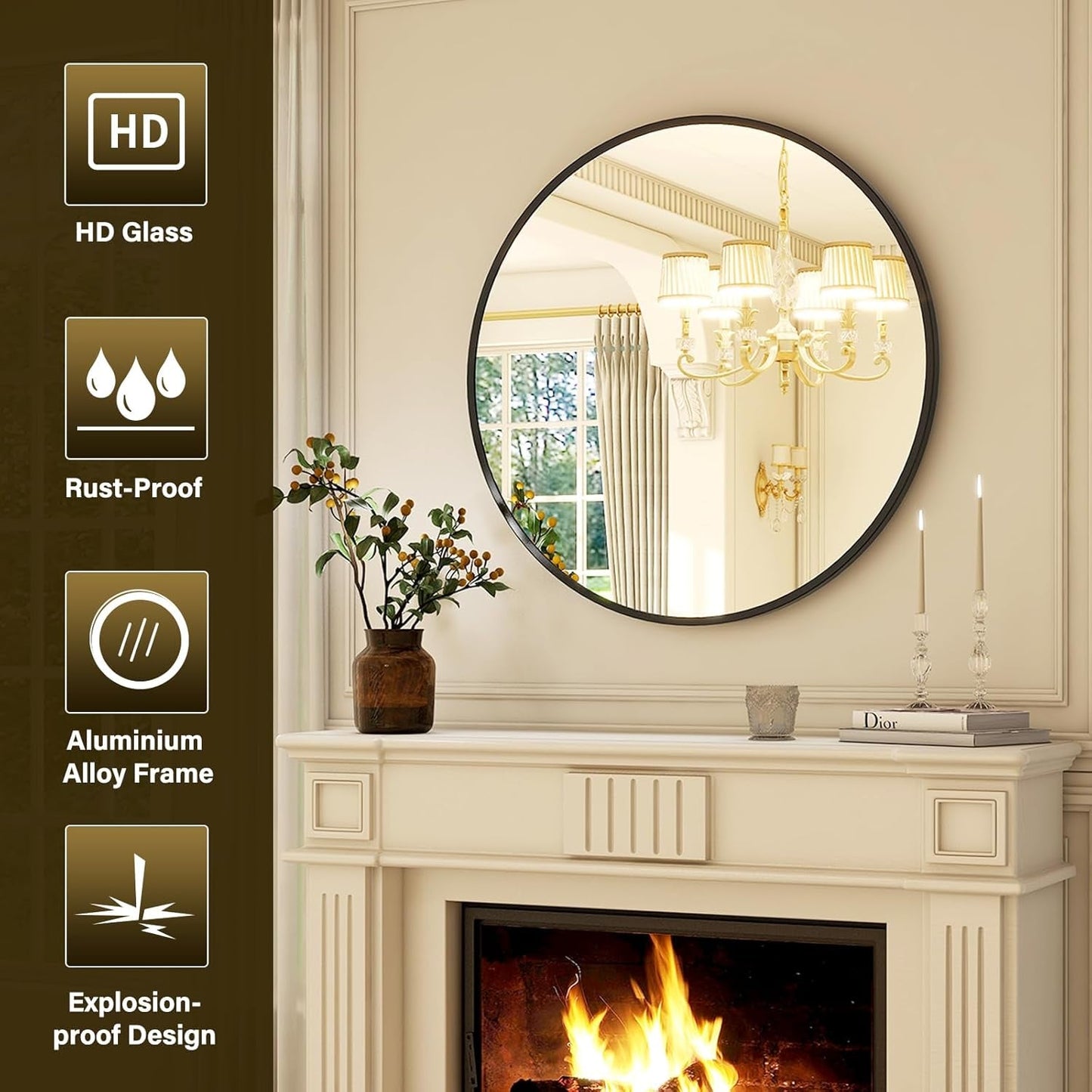 24 Inch Matte Black Round Wall Mirror For Bathroom Vanity And Living Room Decor