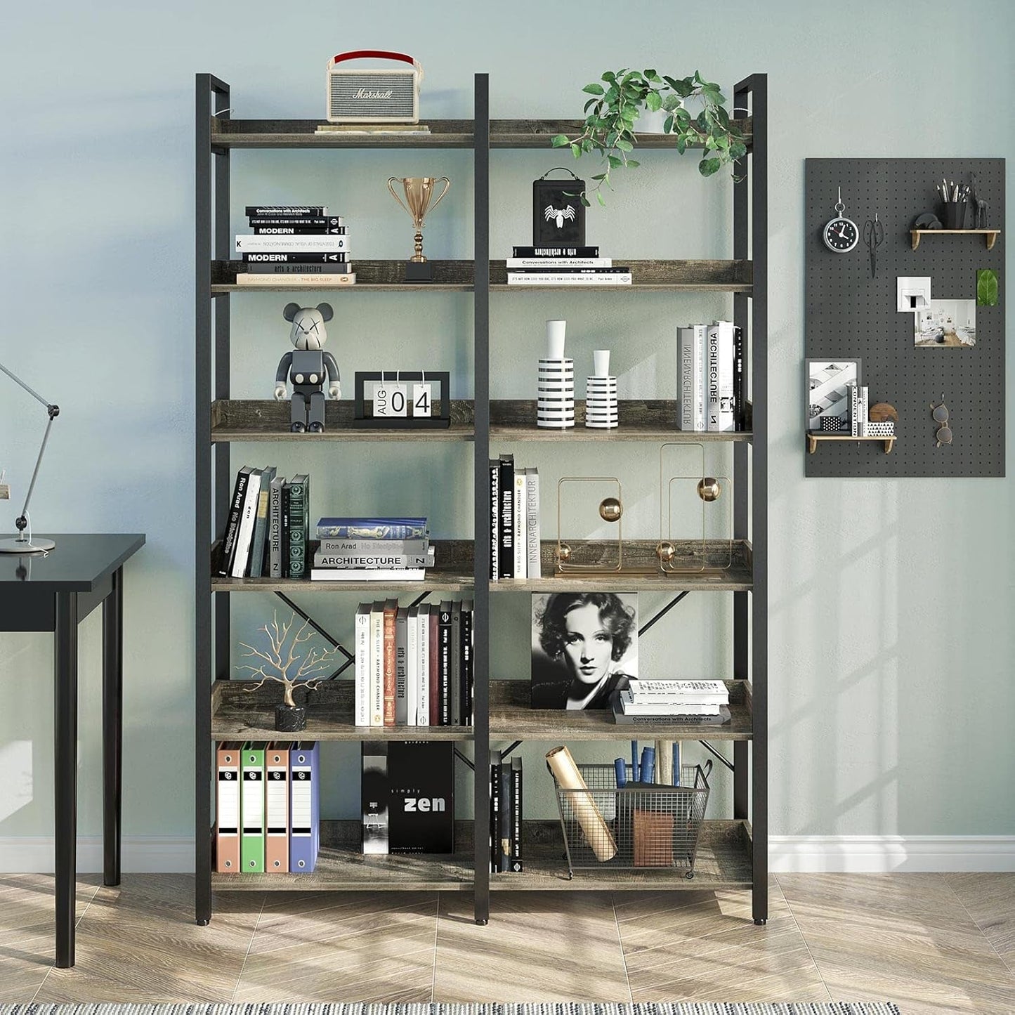 67 Inch Gray Industrial 6 Shelf Bookcase With Hooks