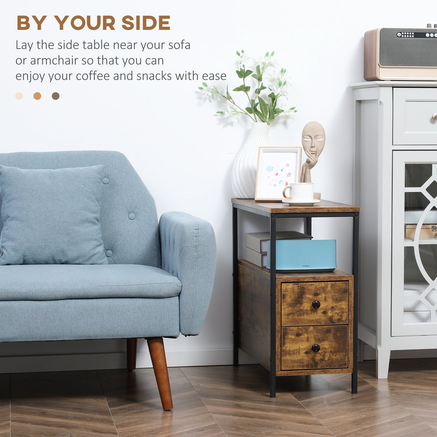 Set of 2 Side Table, Narrow Bedside Table with 2 Drawers and Storage Shelf, Industrial End Table with Metal Frame for Small Spaces, Rustic Brown