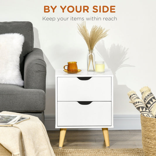 Bedside Table, Bedside Cabinet with 2 Drawers, Side End Table with Pine Wood Legs for Bedroom Living Room, White