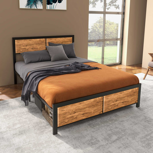 Industrial Double Bed Frame with Under-Bed Storage - Rustic Brown