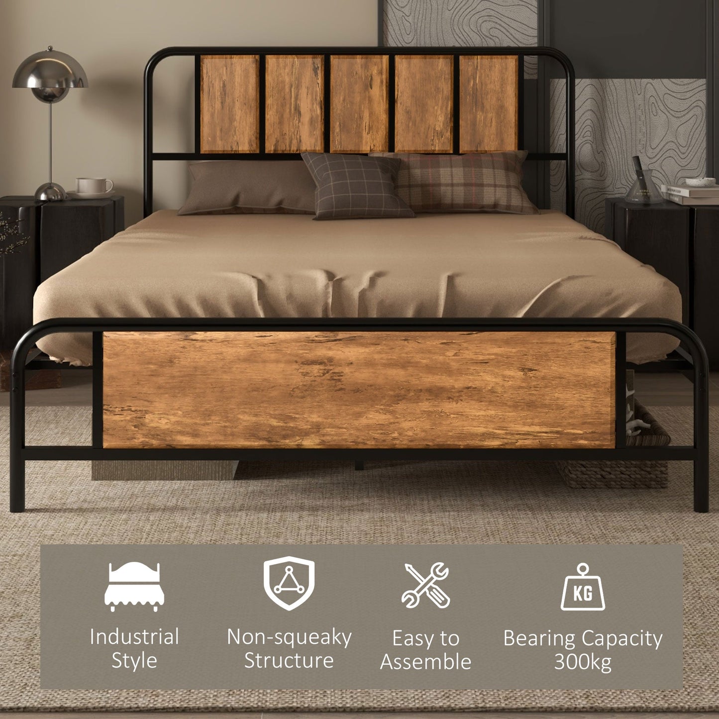 Industrial Style Double Bed Frame with Curved Headboard - Black Steel