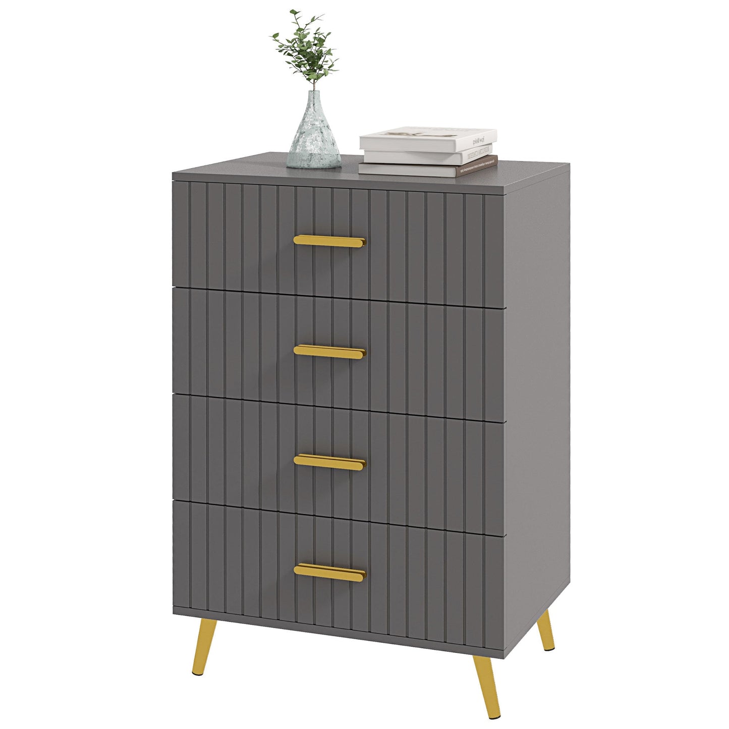 Four Drawer Embossed Line Dresser - Grey/Gold Tone