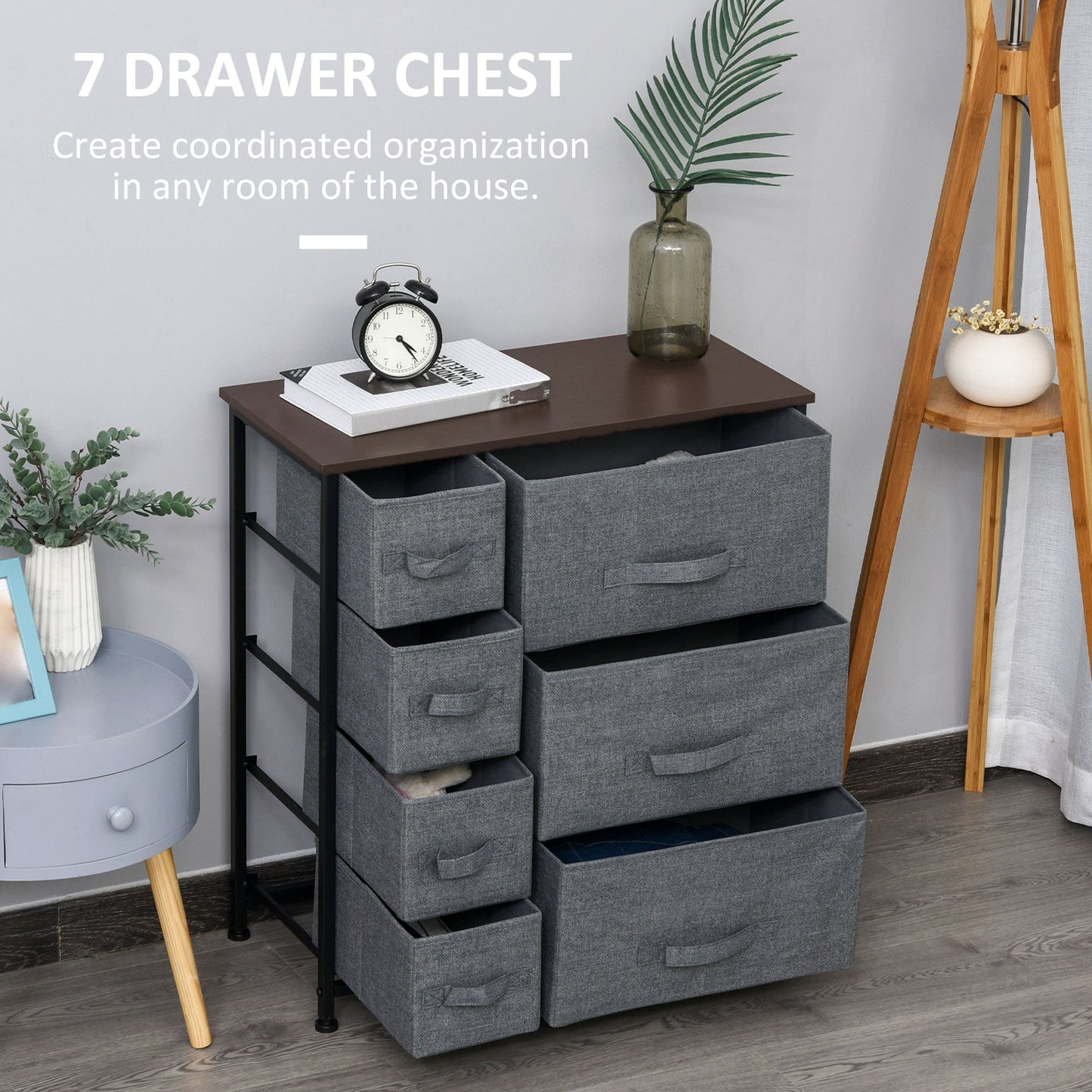 Chest of Drawers with 7 Drawers, Fabric Drawers with Large Storage Space, Drawers Dresser with Metal Frame, Adjustable Feet for Bedroom Living Room, Dark Grey