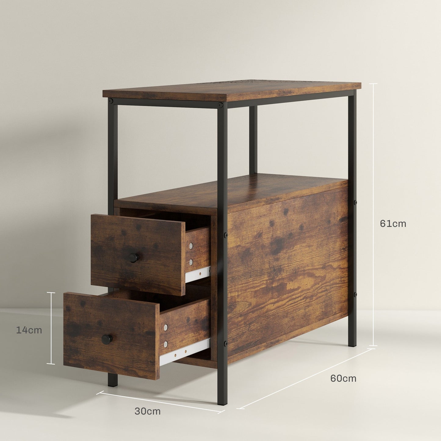 Set of 2 Side Table, Narrow Bedside Table with 2 Drawers and Storage Shelf, Industrial End Table with Metal Frame for Small Spaces, Rustic Brown