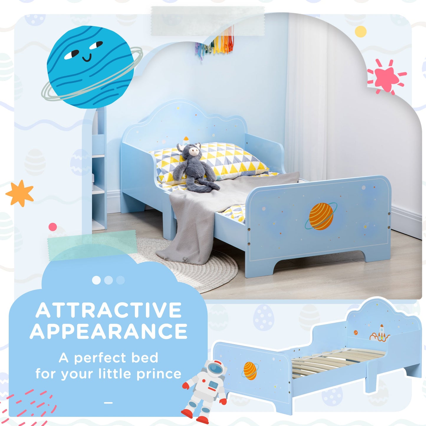 Toddler Bed with Safety Side Rails and Rocket Patterns - Blue