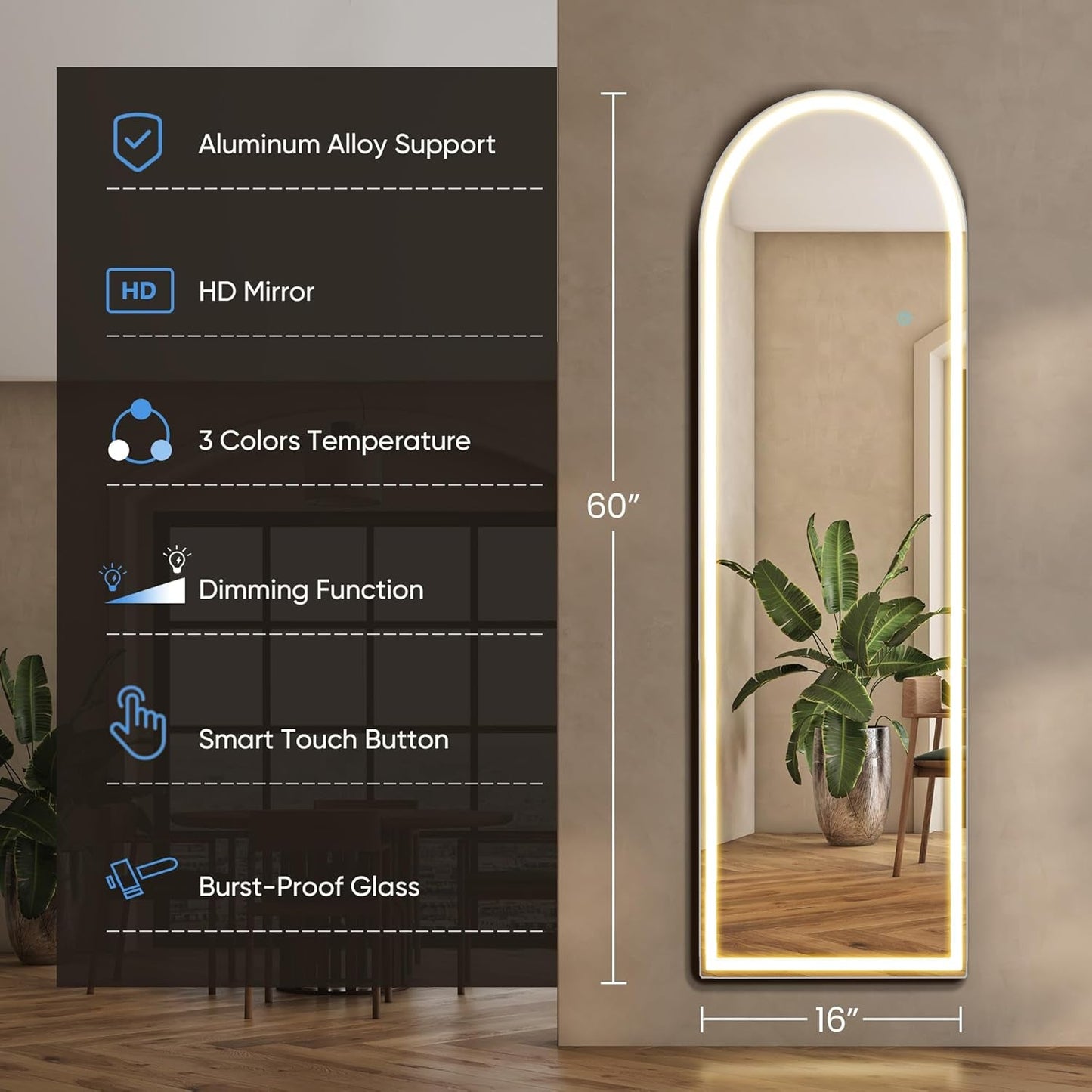 Arched Full Length Floor Mirror With LED Lights 59.8 Inch