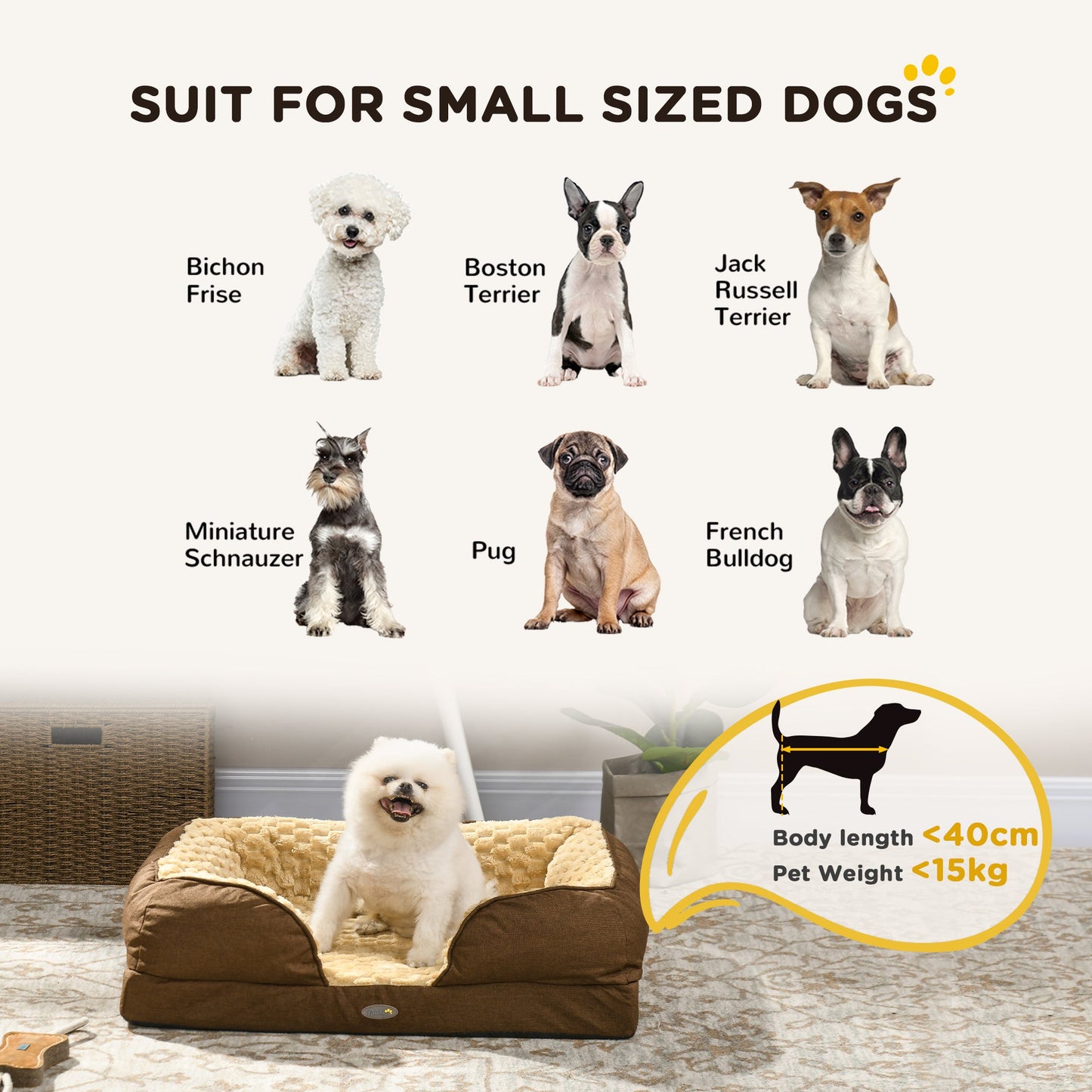 Calming Dog Bed Pet Mattress w/ Removable Cover, Anti-Slip Bottom, for Small Dogs, 70L x 50W x 18Hcm - Brown