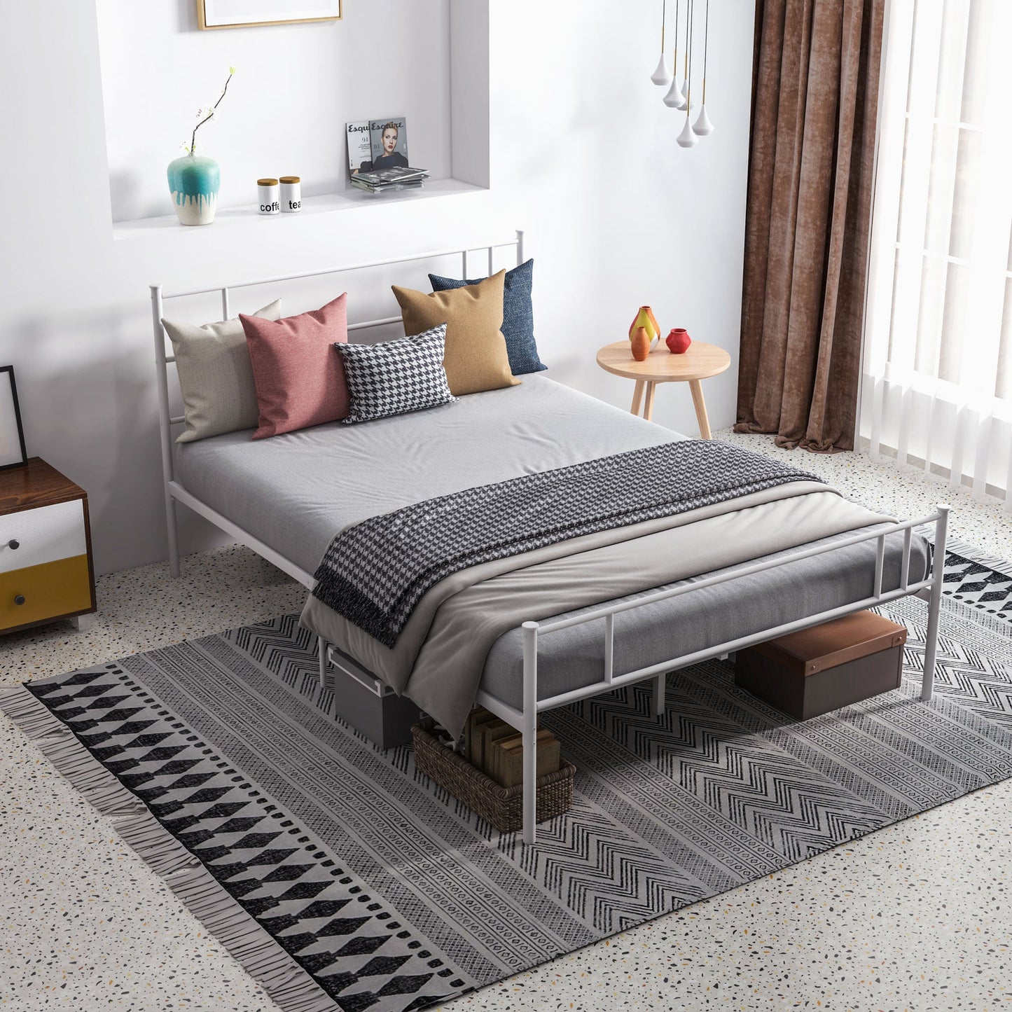 Double Metal Bed Frame with Strong Steel Structure - White