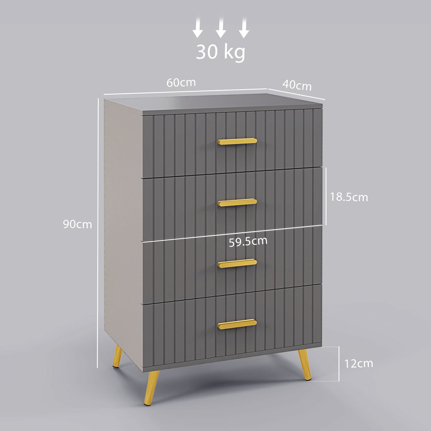 Four Drawer Embossed Line Dresser - Grey/Gold Tone