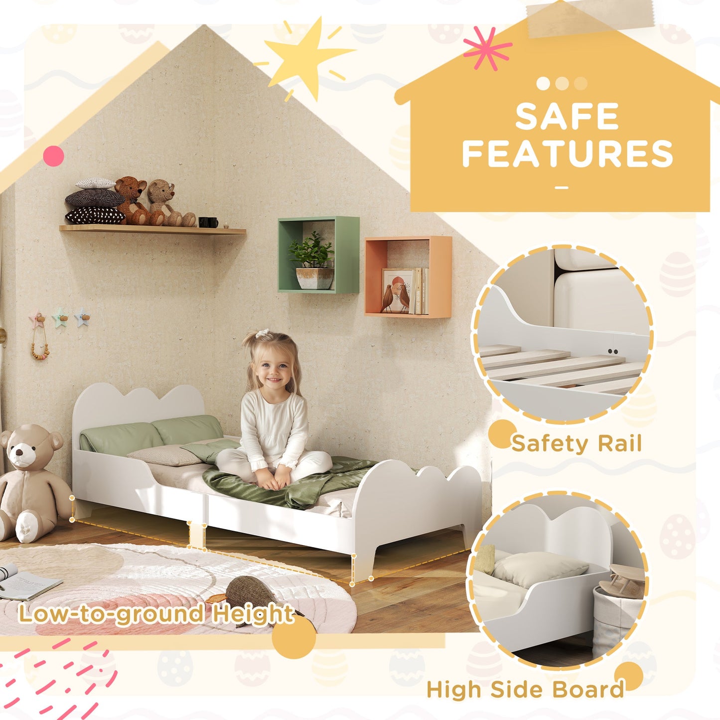 Cloud-Themed Toddler Bed Frame with Safety Rails, 143.5 x 74.5 x 56cm