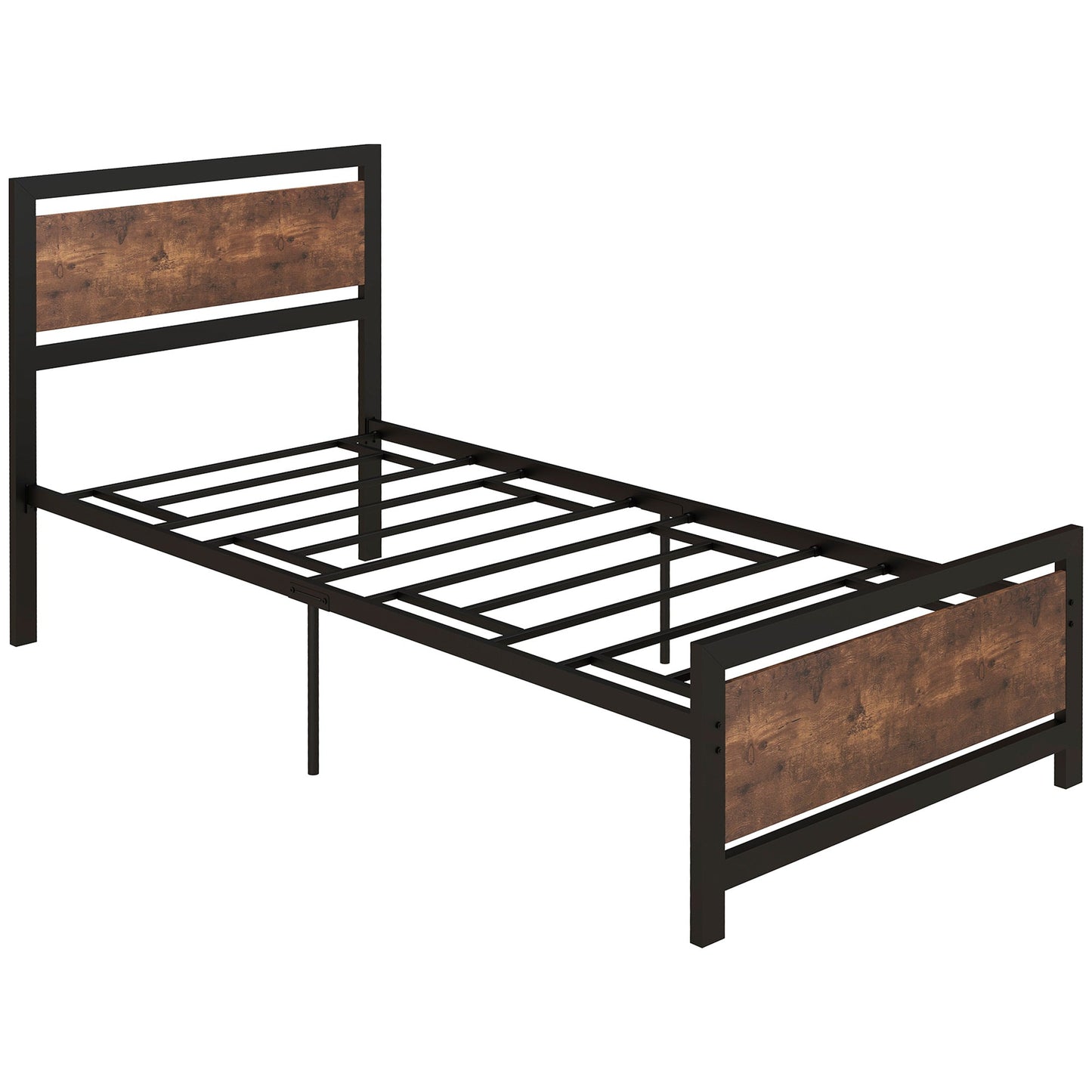 Single Industrial Style Metal Bed Frame with Rustic Wooden Headboard - Black-1