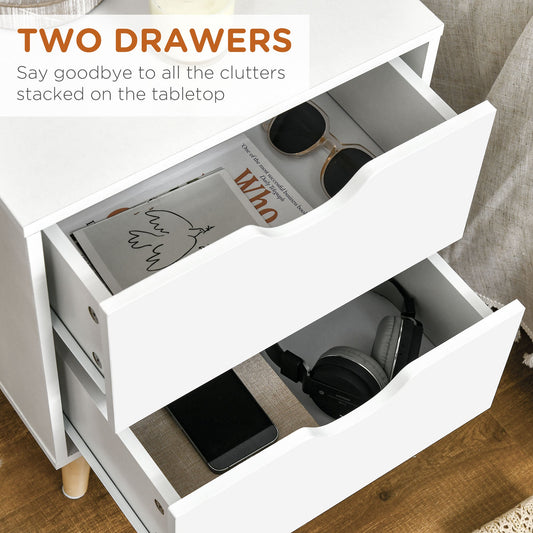 Bedside Table, Bedside Cabinet with 2 Drawers, Side End Table with Pine Wood Legs for Bedroom Living Room, White