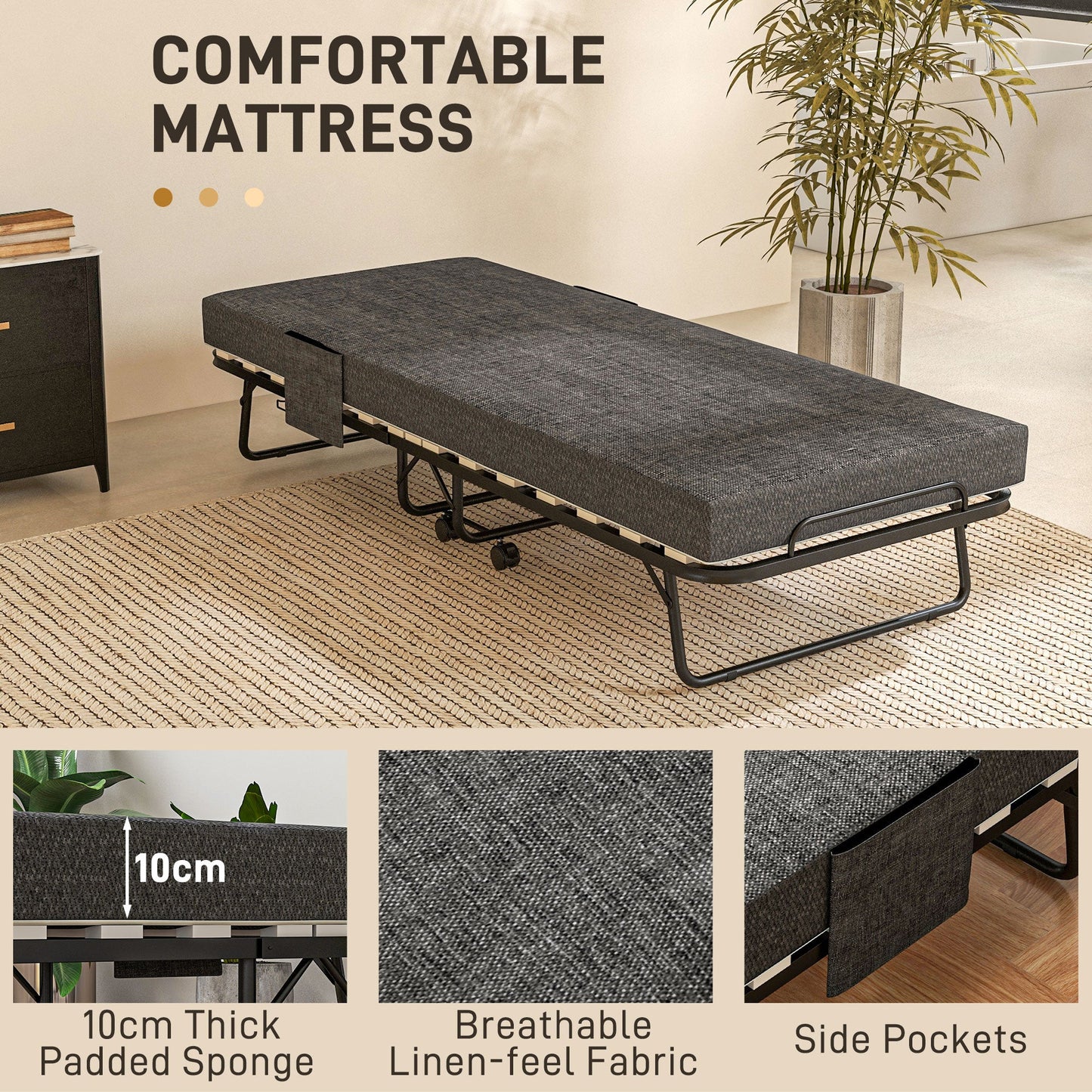 Folding Guest Bed with 10cm Mattress and Side Pockets - Dark Grey