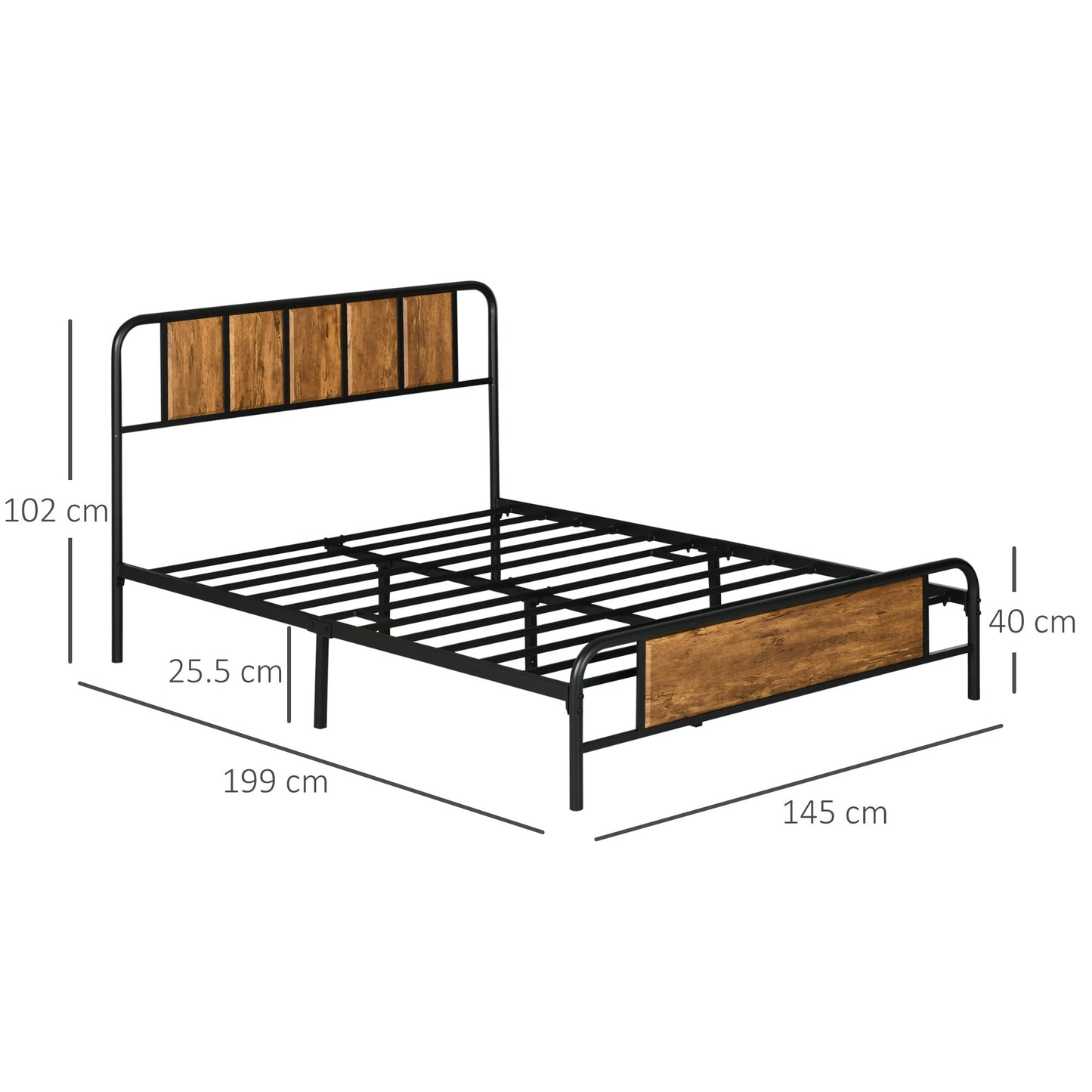 Industrial Style Double Bed Frame with Curved Headboard - Black Steel
